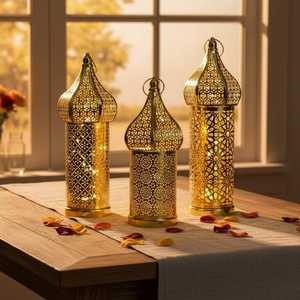 Metal LED <b>Lantern</b> Decorative Hollow Wind <b>Lamp</b> Battery Operated Traditional Patterned Atmosphere Decor 3 Sizes - Product Image 2