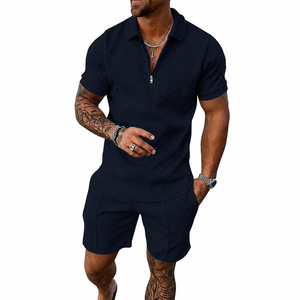Conjunto de Camiseta Polo y Pantalones Cortos para Hombre, con Logotipo Personalizado, Color Negro Texturizado, Transpirable, de Manga Corta, Traje Deportivo de Verano, Venta al Por Mayor, OEM, Alta Calidad, Casual - Product Image 1