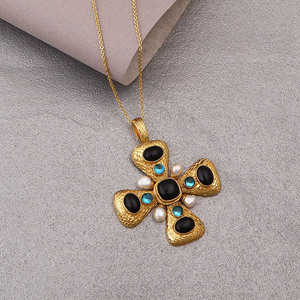 Black Onyx Gold Plated Cross Pendant <b>Necklace</b> with Swiss Blue Topaz and Pearl <b>Statement</b> Gemstone Jewelry - Product Image 1
