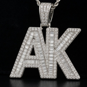 Real Sparkle Lab Iced Baguette & Round Diamond Round Cut <b>Initial</b> AK Letter S925 Sterling <b>Silver</b> <b>Pendant</b> - Product Image 1