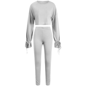 Ensemble de survêtement côtelé grande taille pour femme, col carré, haut court à manches longues, pantalon skinny, tenue décontractée pour le printemps - Product Image 2