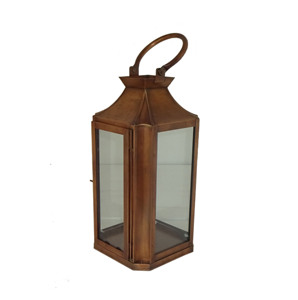 Lanterne à bougie hexagonale en bronze et cuivre, grande, suspendue, avec toit incurvé concave, poignée en boucle, panneaux en verre transparent, décoration de table - Product Image 1