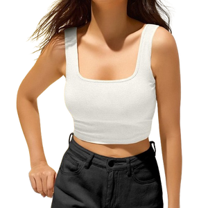 Top Corto de Punto con Cuello Cuadrado Blanco para Mujer, Color Sólido, Casual, 100% Algodón, Corte Corto - Product Image 1