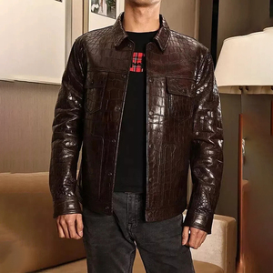 Veste en cuir PU marron gaufré pour homme, col rabattu décontracté, coupe classique, pour l'automne - Product Image 5