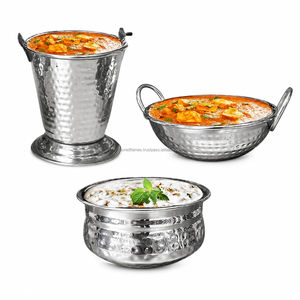Ensemble de service commercial en acier inoxydable martelé pour curry, comprenant mini seau Balti, poêle Karahi et bol Handi, vaisselle de restaurant - Product Image 1