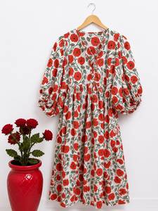 Robe midi vintage à fleurs 100% coton pour femmes, robe de fête d'été à manches 3/4, décontractée, écologique, respirante - Product Image 1