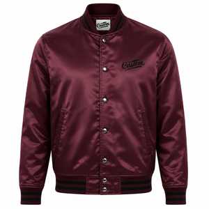 <b>Men's</b> Burgundy Satin Bomber <b>Jacket</b> with Embroidered Custom Logo <b>Pullover</b> Stand Collar Casual Streetwear Winter Wear - Product Image 3