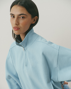 Sudadera Oversize de Mujer con Media Cremallera, Azul Claro Sólido, Bordado Frontal, Hombro Caído, Manga Larga, Tejido de Algodón Afelpado, Otoño - Product Image 2
