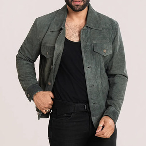 <b>Men's</b> Green <b>Suede</b> Leather <b>Jacket</b> Casual Autumn Wear Turn-down Collar Regular Fit Single Button Closure - Product Image 3