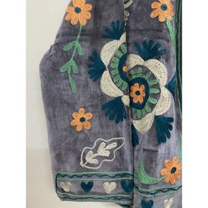 Veste en velours gris pour femme, col mandarin, broderie florale, manches longues, veste d'hiver - Product Image 5