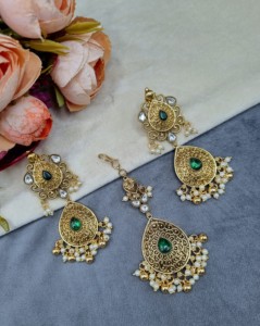 Tear Drop Motif <b>Pearl</b> Fringe <b>Necklace</b> <b>Set</b> With Earrings & Mangtika Gold Plated Wedding Reception Ethnic Jewellery <b>Set</b> Wholesaler - Product Image 6