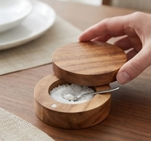 Artisanal Round Wooden Salt <b>And</b> Sugar Bowl With Natural Finish Durable <b>Herb</b> <b>Spice</b> Tool Perfect For Elegant Dinning - Product Image 5