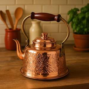 Decorative Hammered Copper <b>Teapot</b> with Brass Handle and Wooden Grip for Classic Kitchen and Cafe Use - Product Image 2