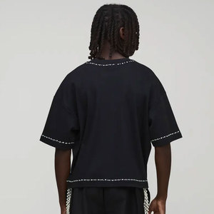 เสื้อยืดคอตตอนสีดำดีไซน์ใหม่ คอกลม แขนสั้น แต่งคริสตัล สไตล์สตรีท สีพื้น ทรงปกติ เสื้อยืดประดับคริสตัล - Product Image 5