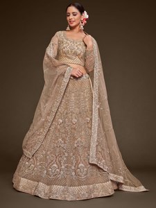 Beige Modern Woven Zari Embroidered <b>Net</b> Lehenga Choli Set Wedding Party Women Ethnic Outfit with Dupatta Eco-Friendly - Product Image 1