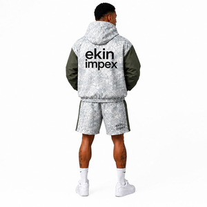 Ekin Impex Men's Hooded <b>Zip</b>-<b>Up</b> <b>Jacket</b> and Shorts Set Grey Camo Print Regular Fit Breathable Casual DTF Print Summer Wear - Product Image 4