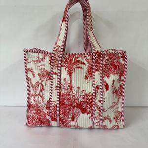 Women Red Toile Quilted Cotton Handbag <b>Boho</b> Large Capacity Travel Shoulder Shopping Tote <b>Bag</b> - Product Image 1