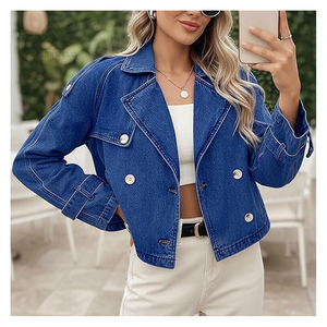 Women's Cropped Woven <b>Denim</b> Motorcycle Blazer Double Breasted Lapel Collar Long Sleeve Party Autumn Fashion <b>Jacket</b> - Product Image 4