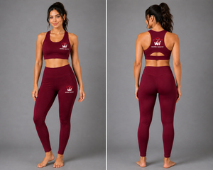 Ensemble de yoga pour femmes, haut court dos nageur bordeaux et leggings taille haute longueur intégrale, ensemble 2 pièces de sport, couleur unie brodée - Product Image 3
