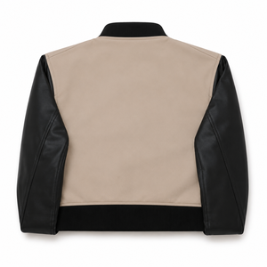 Men's Beige Bomber Jacket Black PU Leather Sleeves Covered <b>Button</b> Closure <b>Turn</b>-down Collar Windproof Polyester/Cotton Shell - Product Image 2