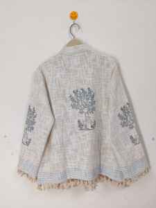 Chaqueta Bomber de Algodón con Estampado Artesanal, Reversible, Ecológica, con Estampado Floral Bohemio, Manga Corta, Dobladillo con Borlas, para Invierno - Product Image 6