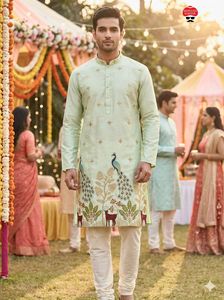 Indian Traditional Wear Pure Silk Fabric With Thread and Sequins Work <b>Mens</b> Wear Kurta with Raymond cotton Pyjama <b>Set</b> for Wedding - Product Image 4