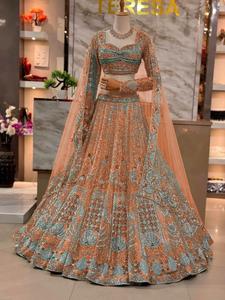 Lehenga Choli de red bordada plateada con dupatta para mujer, para bodas indias, tradicional, de longitud regular, de secado rápido - Product Image 1