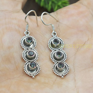 Boucles d'oreilles pendantes triple cercle en argent sterling 925 avec topaze mystique, faites à la main, style bohème, vintage, bijoux pour femme, cadeau pour elle - Product Image 4