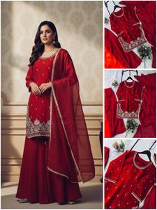 <b>Red</b> <b>Sequined</b> Embroidered Sharara Suit Set Women with Dupatta Silk Ethnic Wear for Wedding Eid Evening Party Dress - Product Image 5