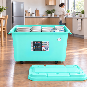Boîte de rangement en plastique de 120 L avec couvercle, poignées à fermeture à pression, bac rectangulaire pour l'organisation du garage, pliage des couvertures et des oreillers - Product Image 3