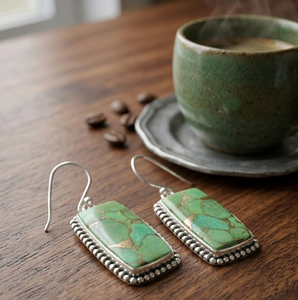 Pendientes Colgantes de Turquesa Verde Cobre, Plata 925, Chapados en Oro Rosa y Oro Amarillo, Joyería Rectangular Boho Hecha a Mano para Mujer - Product Image 6
