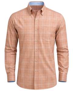 Camisa de Vestir Personalizada para Hombre, Corte Entallado, Diseño a Cuadros Color Durazno, Manga Larga, Cierre de Botones, Estilo Casual y Formal para Oficina, Ligera, Mezcla de Algodón, OEM - Product Image 1