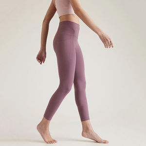 High Waist Full Length Yoga <b>Leggings</b> Solid Purple Seamless Spandex Nylon Pants With Pockets Four-Way Stretch - Product Image 6