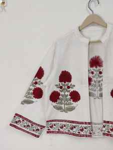 Blouson Bomber Floral Imprimé à la Main, Motif Fleur Rouge, Coton Bohème, Hiver, Réversible, Écologique, Unisexe, Femme, Manches Courtes, Col Étendu - Product Image 2