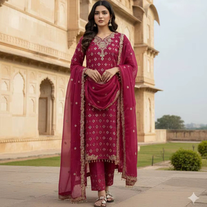 Conjunto Kurti Palazzo de Seda GMY Pura con Lentejuelas Bordadas y Dupatta a Juego, Completamente Cosido, Listo para Usar, Ropa Étnica Festiva - Product Image 1