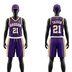 Ensemble Maillot et Short de Basketball Personnalisé pour Femme – Respirant, en Maille Polyester, Violet et Or, avec Numéro et Logo Sublimés - Product Image 5