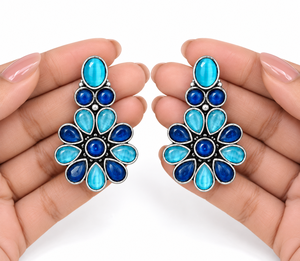 Pendientes de botón de moda con engaste de latón plateado oxidado y ónix azul floral, llamativos para mujer, joyería de fiesta de moda al por mayor - Product Image 3