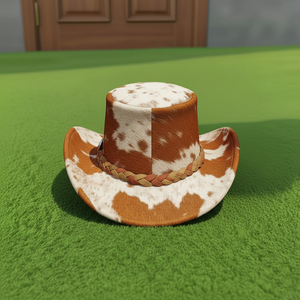 Chapeau de cowboy en similicuir de vachette avec bande tressée, unisexe, marron et blanc, style western, pour festivals et rodeos - Product Image 1