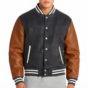 MEYBA SPORTS Men's Dark Gray Woolen Varsity Jacket Polyester Sleeves Stand Collar Single Breasted <b>Covered</b> <b>Button</b> High Street - Product Image 1