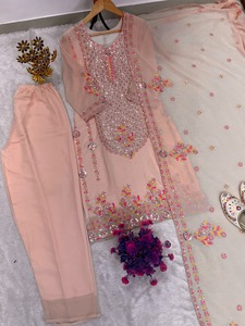 Elegant Peach Embroidered Summer/Spring Winter Party Pakistani Suit Set Organza Dupatta | Designer Sequins Work Kurta Palazzo - Product Image 2