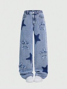 Jean en denim écologique taille basse coupe droite skinny avec patchwork étoilé, coupe décontractée, longueur intégrale, pantalon pour femme, style hiver - Product Image 4