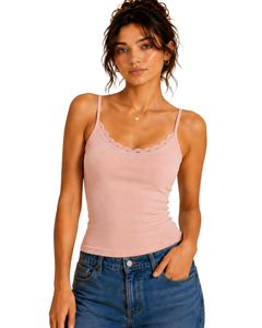 Light Pink Women Lace Trim Ribbed <b>Cami</b> Tank <b>Top</b> Spaghetti Strap Sleeveless Cotton Slim Fit Casual Summer <b>Crop</b> Vest Fashion Wear - Product Image 1