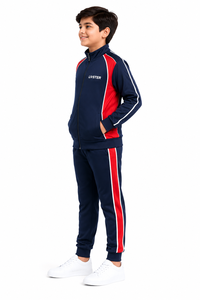 Ensemble de survêtement pour garçons, bleu marine, rouge et blanc, veste à demi-zip, fermeture à cordon, séchage rapide, 100% polyester, léger - Product Image 2