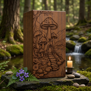 Wooden <b>Memorial</b> Urn Engraved Mushroom Forest <b>Keepsake</b> Cremation Urn Decorative Tribute <b>Box</b> for Remembrance - Product Image 2
