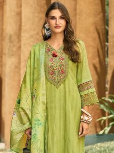 Women's Straight <b>Linen</b> Floral Embroidered Kurta Pant with Dupatta Set - Product Image 2