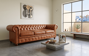 Sofá Chesterfield Moderno de Lujo de 3 Plazas, Tapizado en Cuero Genuino Color Bronceado, Muebles para Sala de Estar, Juego de Muebles para el Hogar - Product Image 1
