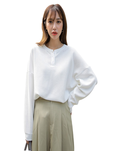 Cnshell Half Button up Sweatshirt Crew Neck Full Sleeve Short Crop Top Cotton Terry <b>Pullover</b> <b>Jumper</b> Women Anti-shrink Casual - Product Image 3