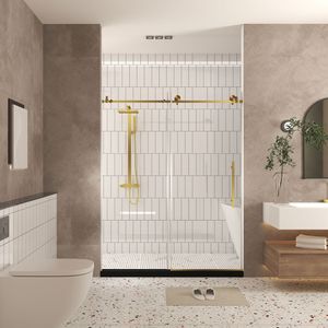 Porta Doccia Senza Telaio 60'' L x 76'' A in Vetro Temperato con Pellicola Antiesplosione, Maniglia in Acciaio Inox Spazzolato Oro, Trasparente 1/4'' (6mm) - Product Image 2