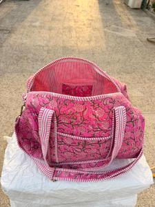 Pink Block Print Duffle <b>Bag</b>, Quilted Cotton Weekender <b>Bag</b>, Floral Travel <b>Bag</b>, Handmade Boho <b>Overnight</b> Tote - Product Image 6