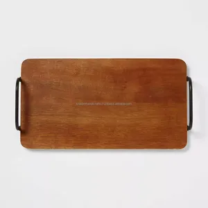 Plateau à un seul niveau en bois de manguier rustique vintage, finition marron plat avec poignée en métal pour la cuisine, le salon et la vaisselle - Product Image 2